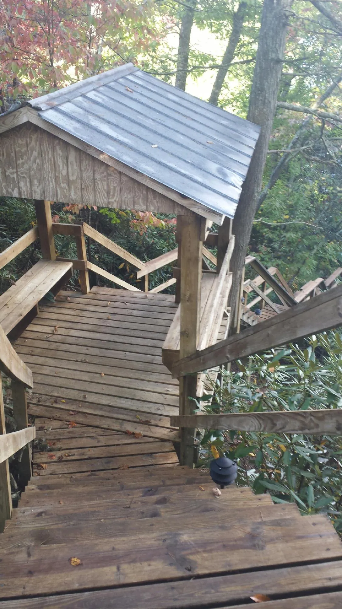 Metal roofed shelter over wooden steps on a wooded walkway — Skylight Repair & Installation work by our crew in Hockley
